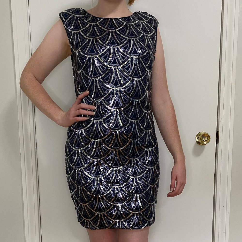 Short Blue Sequin Mini Dress; 1920s Dress, Medium